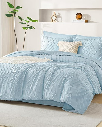 Litanika Light Blue Queen Size Comforter Set with Sheets - 7 Pieces Bed in a Bag Queen Boho Tufted Complete Bedding Sets with Comforter, Sheets, Pillowcases & Shams