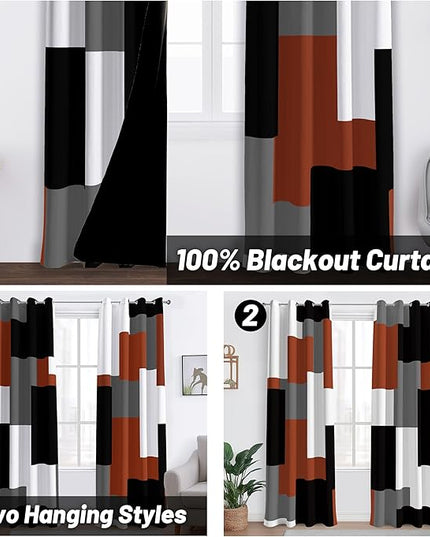 Burnt Orange 100% Blackout Curtains for Bedroom 63 inch Length 2 Panels Set Rust Modern Abstract Geometric Black Out Curtains Insulated Room Darkening Window Drapes for Living Room, 52Wx63L