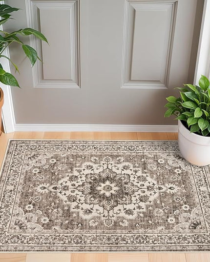 Washable Oriental Area Rug - 2x3 Rugs for Living Room Soft Carpet for Bedroom Waterproof Floral Distressed Indoor Stain Resistant Non-Shedding Floor Carpets (Beige, 2x3)