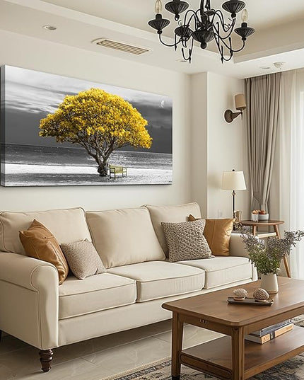 wall art for living room Decorations Photo Prints - panoramic black and white with yellow trees The moon scenery - Modern Home Decor The room Stretched and Framed Ready to Hang artwork 24X48inches