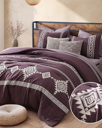 MaiRêve Embroidery King Size Comforter Set Purple, Boho Farmhouse Western Bedding Set 7 Pieces, All Season Bed in A Bag Comforter Set with Sheets, Pillowcases & Shams