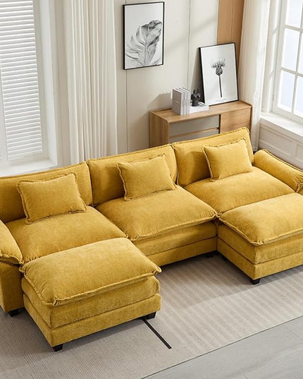 120" Modular Sectional Sofa, Comfy Cloud Couch Sectional Sofa with Ottoman, Chenille Sofa Sleeper Deep Seat Sofa with Throw Pillows for Living Room (Yellow, 120"- U Shape)