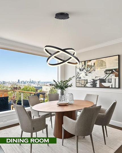 2-Rings Modern LED Chandelier Black for Dining Room, Circular Flush Mount Ceiling Chandelier Light Dimmable Pendant Light with Remote Control for Living Room Entrance Foyer, 3000K-6500K