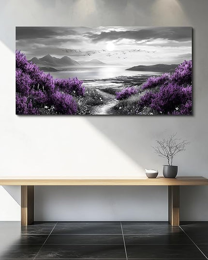 Canvas Wall Art for Living Room Large Wall Decor for Bedroom Modern Office Wall Decoration Purple Flowers Landscape Paintings Black and White Scenery Pictures Artwork Aesthetic Home Decor