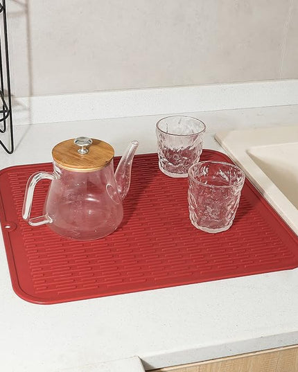 Silicone Dish Drying Mat for Multiple Usage,Easy clean,Eco-friendly,Heat-resistant Silicone Mat for Kitchen Counter or Sink,Refrigerator or Drawer Liner Red XL 18 inches x 16 inches