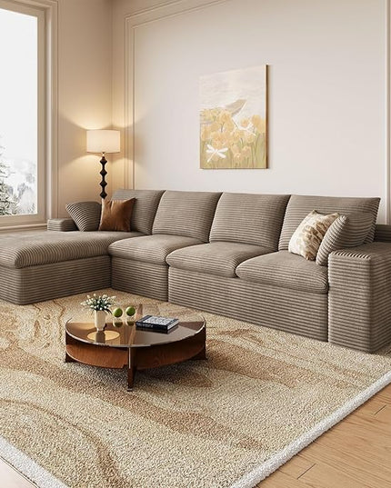 136" Cloud Couch Modular Sectional Sofa for Living Room, L-Shape Boneless Couch with Deep Seat, Modern Corduroy 4-Seater, No Assembly Required (Camel,Left-Facing Chaise)