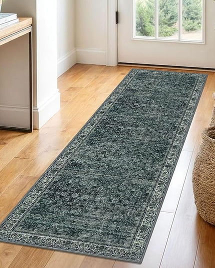 2x6 Washable Runner Rug for Hallways, Dark Green Soft Neutral Vintage Kitchen Rugs with Non-Slip, Non-Shedding Distressed Floral Rug for Bedroom Kitchen Porch Laundry Entryway