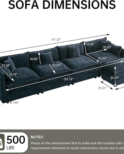 Modular Sectional Sofa, 147.2 Inch L Shaped Couch Set with Armrests, 4-Seater Comfy Cloud Couches with Movable Ottoman for Living Room Apartment, Blue