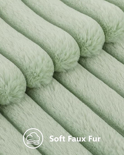 decorUhome Faux Fur Spring Throw Pillow Covers 22x22 Set of 2, Decorative Soft Plush Striped Neutral Couch Euro Pillow Covers with Velvet Back for Sofa, Bed, Living Room Home Decor, Sage Green