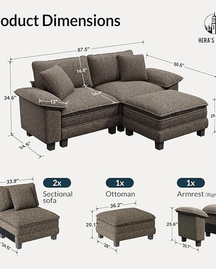 HERA'S HOUSE 88" Modular Sectional Sofa, L Shaped Couches for Living Room, Comfy Cloud Couch with Ottoman, 3-Seater Deep Seat Sofa with Throw Pillow, Chenille Ash