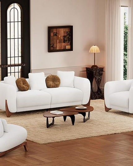 Morden Fort Modern Cloud Couch - 3 Seater Sherpa Boucle Sofa with Wood Legs, Ultra-Thick High Resilience Cushion with 3 Matching Pillows Upholstered Comfy Couch Sofa for Living Room - Off White