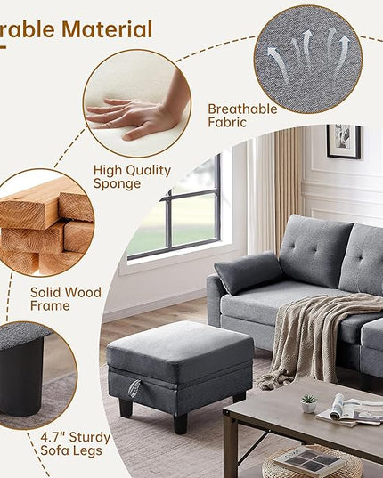 Convertible Sectional Sofa,Modern 4-Seat L Shaped Couch with Storage Ottoman,Linen Fabric Sofa Set for Living Room, Light Gray
