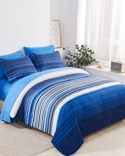 KAKIJUMN 7 Piece Bed in a Bag Stripe Comforter Set King Size, White and Blue Patchwork Striped Comforter and Sheet Set, All Season Soft Microfiber Complete Bedding Sets(Blue,King)