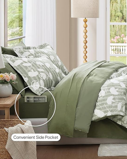 King Comforter Set -7 Pieces Sage Green Floral Comforter Set for All Seasons, Bed in a Bag King with Botanical Flowers Comforter, Sheets, Pillowcases & Shams