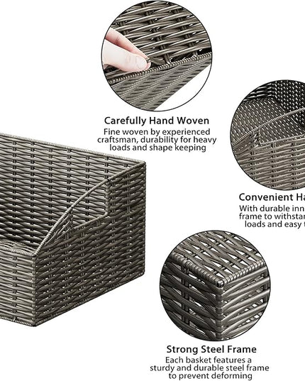 Ollieroo Rattan Storage Baskets, Handwoven Wicker Storage Bins with Built-in Handles, Storage Container Baskets for Shelves, Bedroom, Bathroom, Laundry Room or Kitchen(Grey)