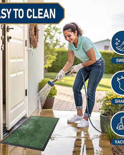 Smiry Front Door Mat Outside Entrance, Heavy Duty Outdoor Indoor Natural Rubber Doormat, Non Slip, Trap Dirt and Moisture, Easy Clean, Low Profile Patio Porch Entryway Mat, 29.5x17, Green