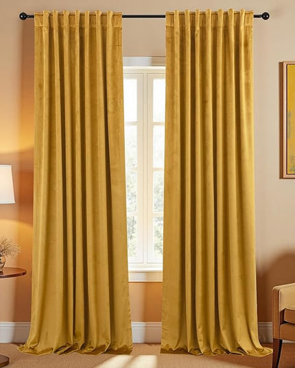 KOUFALL Mustard Yellow Velvet Curtains 96 Inches Long 2 Panel Set Black Out,Back Hook Mid Century Modern Curtain,Pleated Blackout MCM Vintage Boho Eclectic Curtains for Living Room Bedroom
