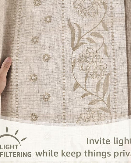 jinchan Winslow Linen Curtains for Bedroom 96 Inches Length Embroidered Bordered Floral Curtains for Living Room Farmhouse Decor Light Filtering Window Treatments Ivory on Taupe Drapes 2 Panels