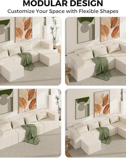 Minimalist Modular Corduroy Cloud Couch Sectional – Oversized Boneless Memory Foam Sofa for Living Room, Modern Comfy Couch, No Assembly Needed（130" U Shaped Boneless Sofa 4-Seater + 2*Ottoman,Beige）