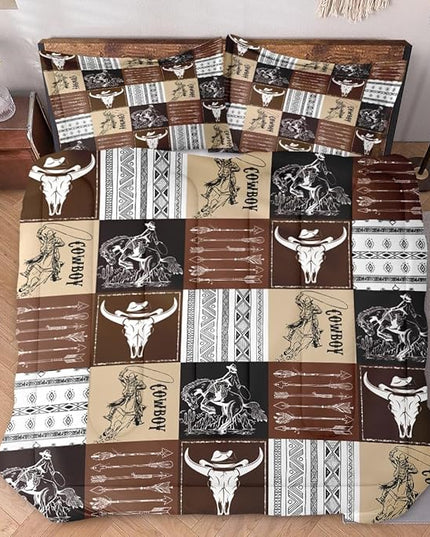 Queen Size Comforter Set with 2 Pillowcases, Cowboy Vintage Brown Desert 3 Pcs Bedding for Kids and Adults, Western Animal Cow Soft Comforter Set for Bedroom Bed Decor