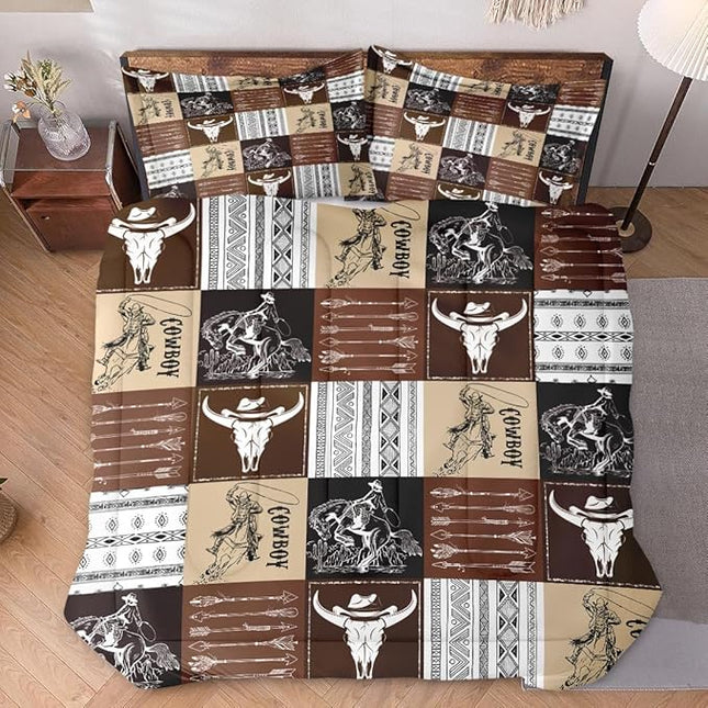 Twin Size Comforter Set with Pillowcase, Western Animal Cow Cowboy 2 Pcs Bedding for Kids and Adults, Vintage Brown Soft Comforter Set for Bedroom Bed Decor