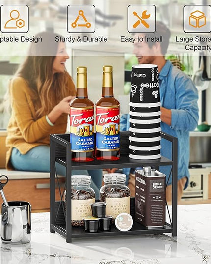 Giikin Kitchen Counter Shelf, 2 Tier Kitchen Spice Rack Organizer for Countertop, Wood Coffee Bar Organizer for Home (Black, S)