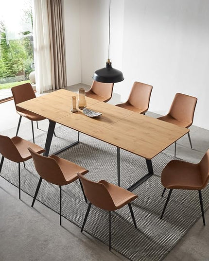 ZckyCine Expandable 8-Person Dining Table Set (63" - 79") with Modern Oak Table & 8 Brown Chairs – Ideal for Kitchens and Dining Rooms
