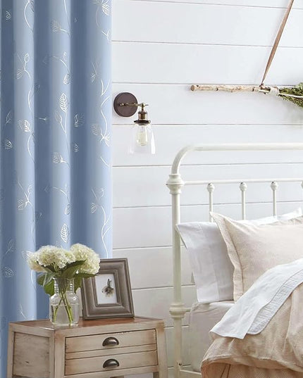 BUHUA Heat Blocking Curtains, Black Out Curtains 63 Inch Long 2 Panels Burg, Soundproof Curtains with Silver Leaf Printed (52 x 63 Inch, Baby Blue, Set of 2 Panels)