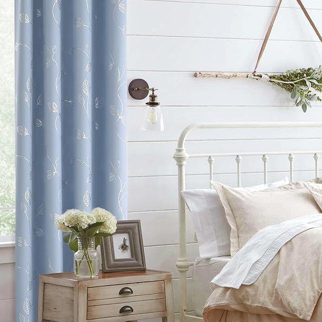 BUHUA Heat Blocking Curtains, Black Out Curtains 63 Inch Long 2 Panels Burg, Soundproof Curtains with Silver Leaf Printed (52 x 63 Inch, Baby Blue, Set of 2 Panels)