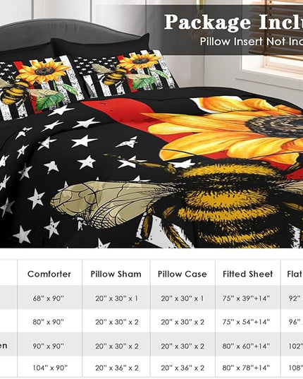 Comforter Set Twin Size, Honey Bee Vintage 5 Pcs Bedding for Kids and Adults, Sunflower Flower Sun Bed Sheet Sets with Fitted Sheet Pillowcase & Sham for Bedroom Bed Decor
