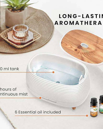 HOM Smart Aromatherapy Diffuser Set with 6 Essential Oils (10ml Each) - 400 ml Ultrasonic Essential Oil Diffuser with 7 Interchangeable LED Colors - Set Schedule and Customize Mood via Phone App