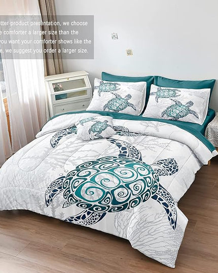 Bedbay Ocean Turtle Bedding Set, 8Pcs King Comforter, Teal Turquoise, Coastal, Microfiber, Bed in a Bag