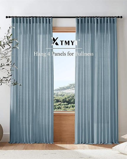 XTMYI Dusty Blue Curtains 63 Inches Long for Bedroom,Light Filtering Country Vintage Hooks Pleated Back Tab Semi Sheer Linen Curtains for Living Room 2 Panels Set,Grey Stone Blue