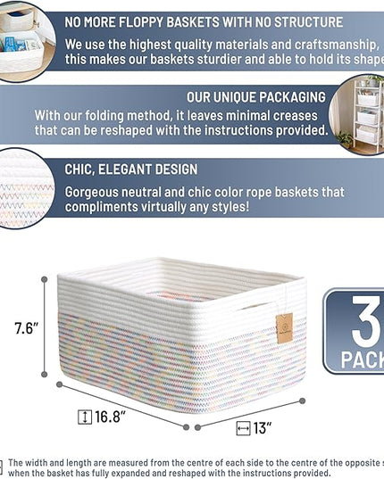 NaturalCozy Storage Baskets 16.8”x13”x7.6” Cotton Rope Woven Baskets for Organizing 3-Pack | Toy Storage Bins | Basket for Shelves, Laundry, Blanket, Clothes, Closet, Kitchen, Bathroom, Gifts