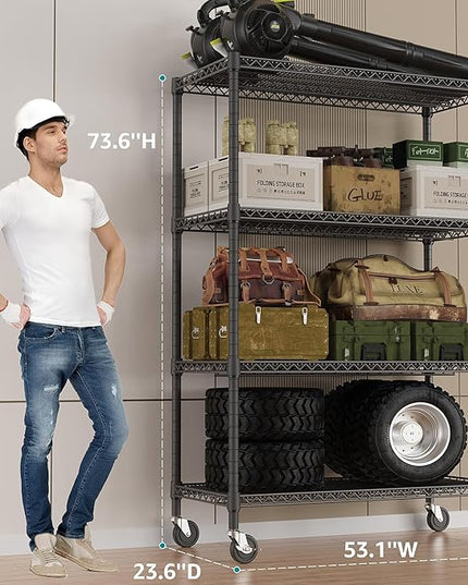 IZEUK Garage Shelving Wide Storage Shelves 4 Tier Metal Shelves 3200 LBS Heavy Duty Adjustable Utility Shelf Rack Black 23.6" D x 53.1" W x 73.6" H