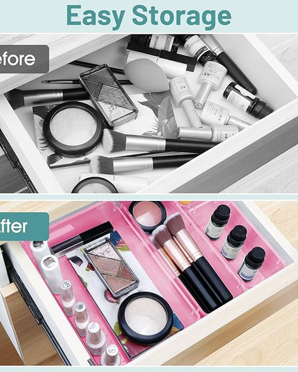 WOWBOX 25 PCS Plastic Drawer Organizer Set, 4 Sizes Desk Drawer Divider Organizers and Storage Bins for Makeup, Jewelry, Gadgets for Kitchen, Bedroom, Bathroom, Office, Clear Pink