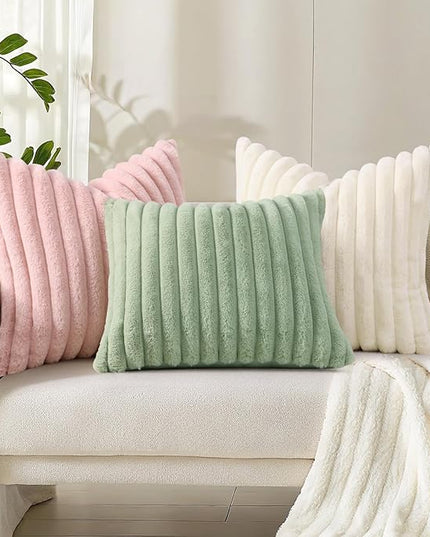decorUhome Faux Fur Spring Throw Pillow Covers 26x26 Set of 2, Decorative Soft Plush Striped Neutral Couch Euro Pillow Covers with Velvet Back for Sofa, Bed, Living Room Home Decor, Cream White