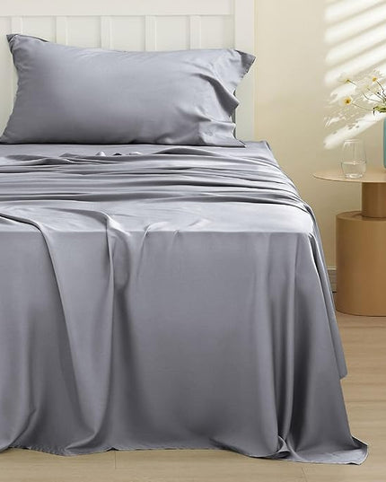 Bedsure Cooling Sheets Twin, Rayon Derived from Bamboo, Cooling Sheets, Breathable & Soft, Deep Pocket Up to 16 Inches, Hotel Luxury Silky Bedding for Hot Sleepers, Silver Grey