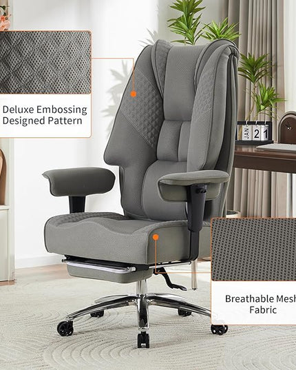 Big and Tall Office Chair with Footrest, PU Leather High Back Executive Office Chair 400lbs, Ergonomic Computer Chairs Lumbar Support for Heavy People (Mesh Grey)