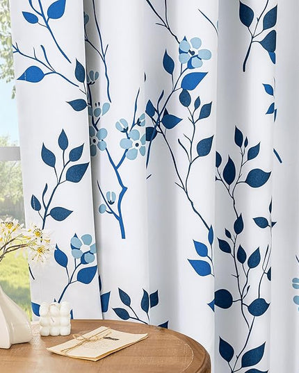 Beauoop Floral 100% Blackout Curtains 108 Inches Long 2 Panels for Bedroom Living Room Navy Blue and White Flower Patterned Room Darkening Thermal Soundproof Grommet Window Treatments Drapes, 52X108