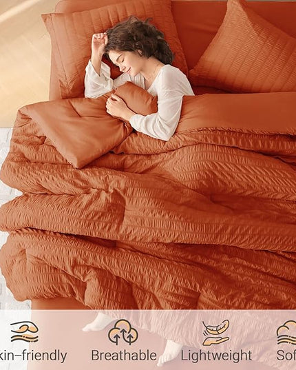 MUXHOMO 7 Pieces Full Comforter Set, Seersucker Bed in a Bag Full Size, All Season Luxury Bedding Set with Comforter, Flat Sheet, Fitted Sheet, Pillowcases & Shams, Burnt Orange
