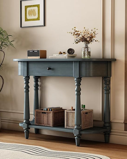HMFULE Retro Curved Console Table, 36" Solid Wood Half Moon Console Table Sofa Table Entryway Table with 1 Drawer 1 Open Shelf Roman Legs Curved Corners for Living Room,Entryway,Hallway,Navy