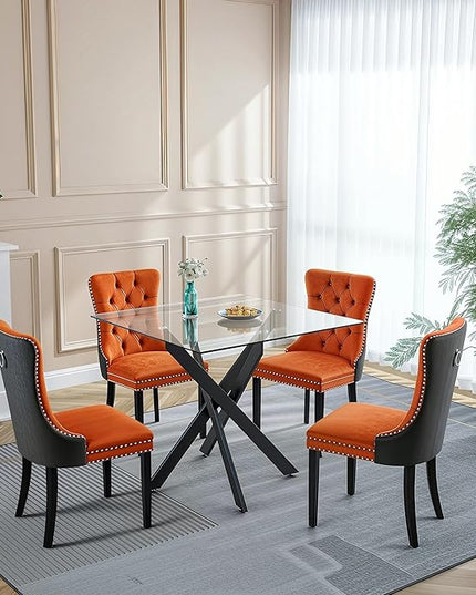 5 Piece Square Glass Dining Table Set for 4, Modern Dining Room Table and Chairs Set, Tempered Glass Top Kitchen Table with 4 Velvet Chairs, Space Saving Dining Set for Small Apartment or Home