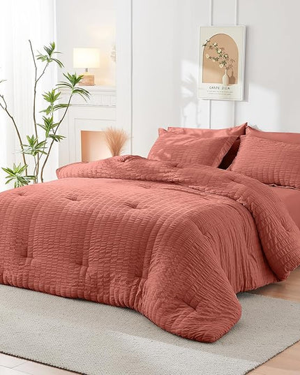 HYMOKEGE Coral Twin XL Comforter Set Seersucker 5 Pieces, All Season Luxury Bed in a Bag for Bedroom, Bedding Set with Comforter, Sheets, Pillowcase & Sham