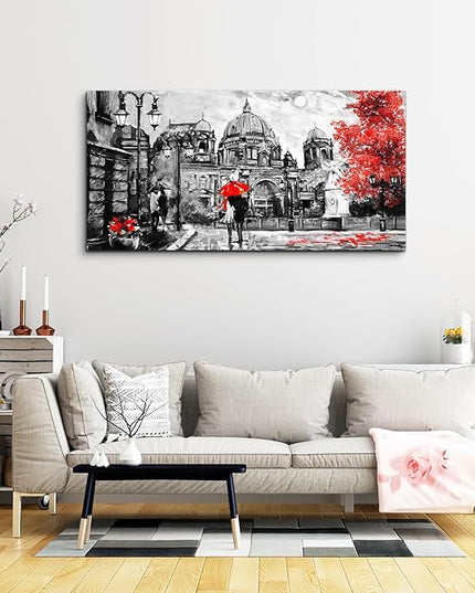 Black and White Buildings and Lovers Holding Umbrellas Under Street Lamps Canvas Art Print Artwork Wall Art for Living Room bedroom Wall Decor，Modern Home Decor Watercolor wall painting decoration