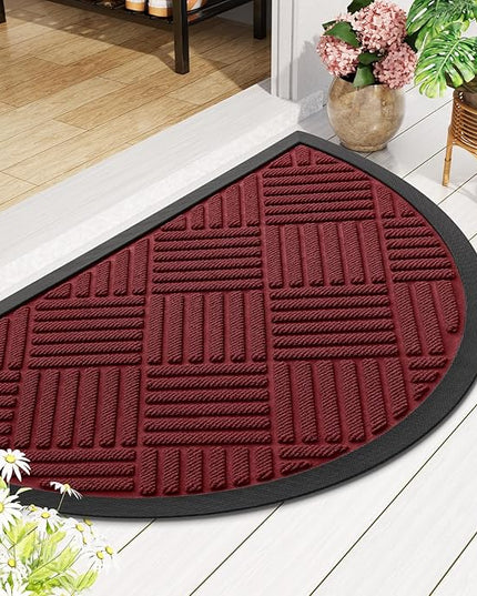 Smiry Half Circle Front Door Mat Outside Entrance,Heavy Duty Outdoor Indoor Natural Rubber Doormat,Non Slip,Trap Dirt and Moisture,Easy Clean,Low Profile Patio Porch Entryway Mat,29.5x17, Wine Red