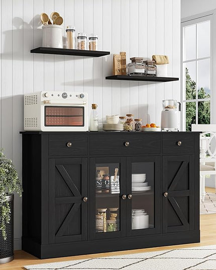 4 EVER WINNER 55" Coffee Bar with 4 Glass Doors and 3 Drawers, Sideboard Buffet Cabinet with Storage, Farmhouse Coffee Bar Cabinet with Adjustable Shelves for Kitchen, Dining Room, Black