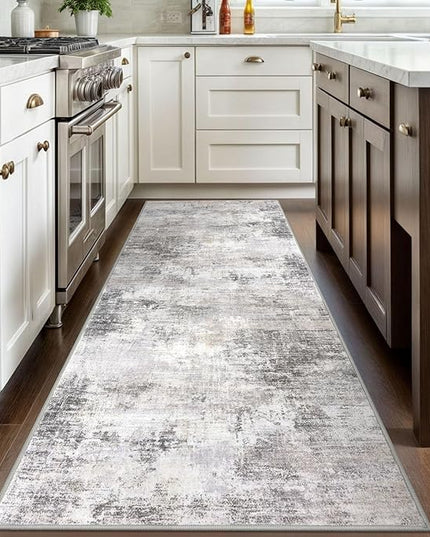 IOHOUZE Abstract Runner Rug 3x8 Ft Washable Runners for Hallways, Non Slip Kitchen Runner Printed Faux Wool Entryway Runner Indoor, Modern Abstract Floor Carpet for Hall Bedroom, Grey Beige