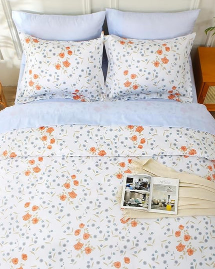 MUXHOMO Orange Blossom Bed in a Bag King 7 Pieces, King Comforter Set Reversible Botanical Flowers Design, Ultra Soft & Breathable Bedding Sets with Comforter, Sheets, Pillowcases & Shams