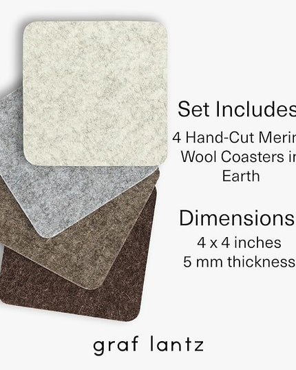 Graf Lantz - Bierfilzl Merino Wool Square Coasters Set of 4 - Earth (4"x4"x5mm) - Absorbs 30% of Weight - Natural German Wool - Heat Resistant, Sustainable, Reusable - Home Decor, Coffee Table Decor